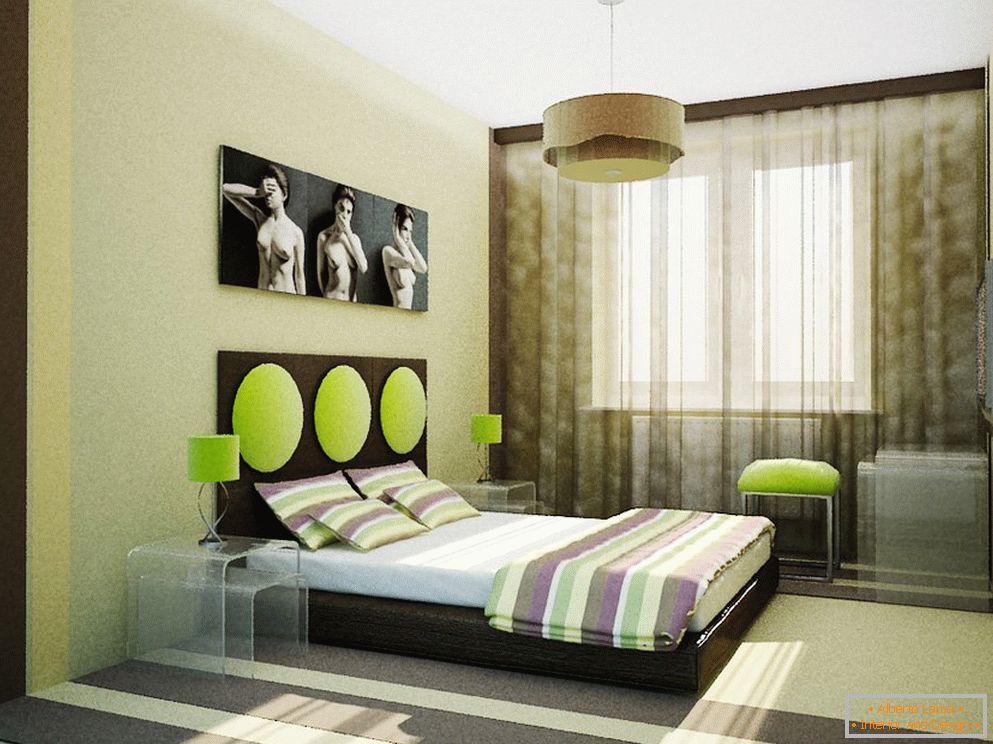 Neobvyklá konstrukce ložnice v béžové zelené barvě