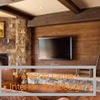 Krásný interiér obývacího pokoje z kamene a dřeva