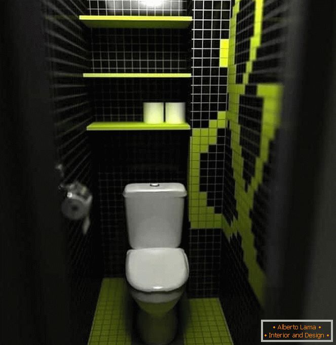 Malá toaleta v tmavé barvě s policemi