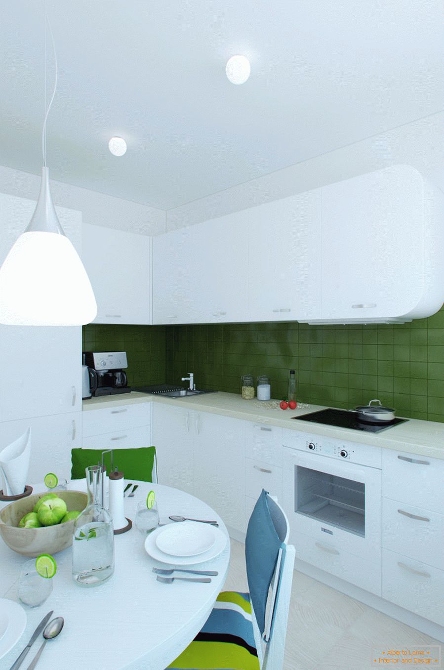 Kuchyňský design interiéru v bílé a zelené barvě
