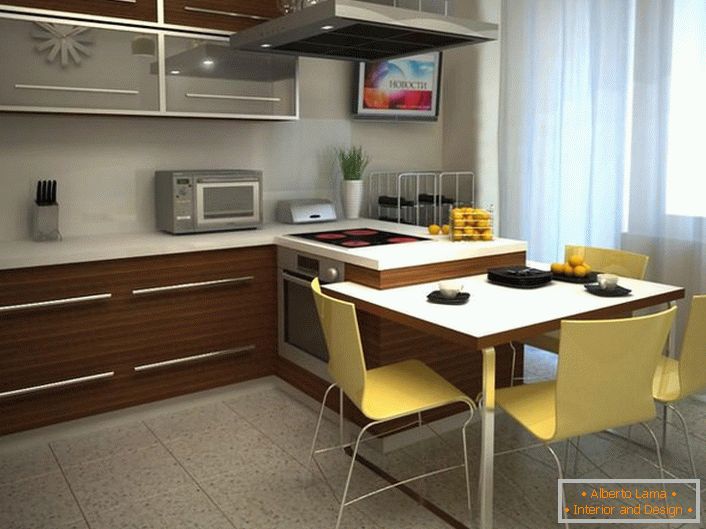 Projektový projekt pro kuchyňskou plochu 12 m2. Správně zvolená varianta nábytku umožňuje ušetřit užitečný prostor.