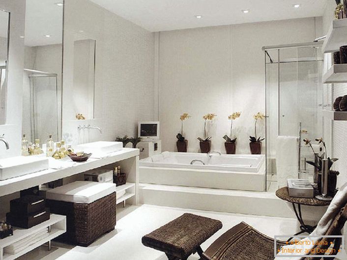 Luxusní koupelna v secesním stylu. Navzdory dostatečné rozloze je nábytek pro koupelnu vybrán jako prostorný a funkční. 