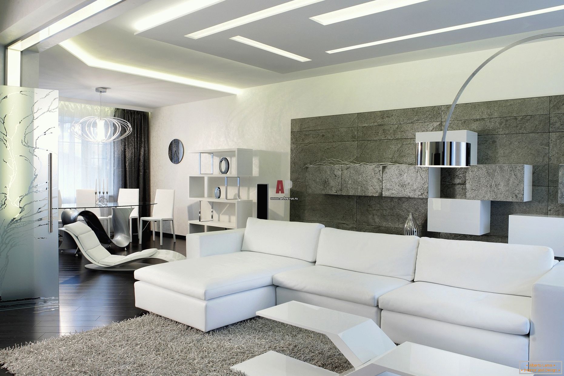 Bílý interiér hostů v minimalistickém stylu je pozoruhodný pro moderní, odvážný design s high-tech náznaky.