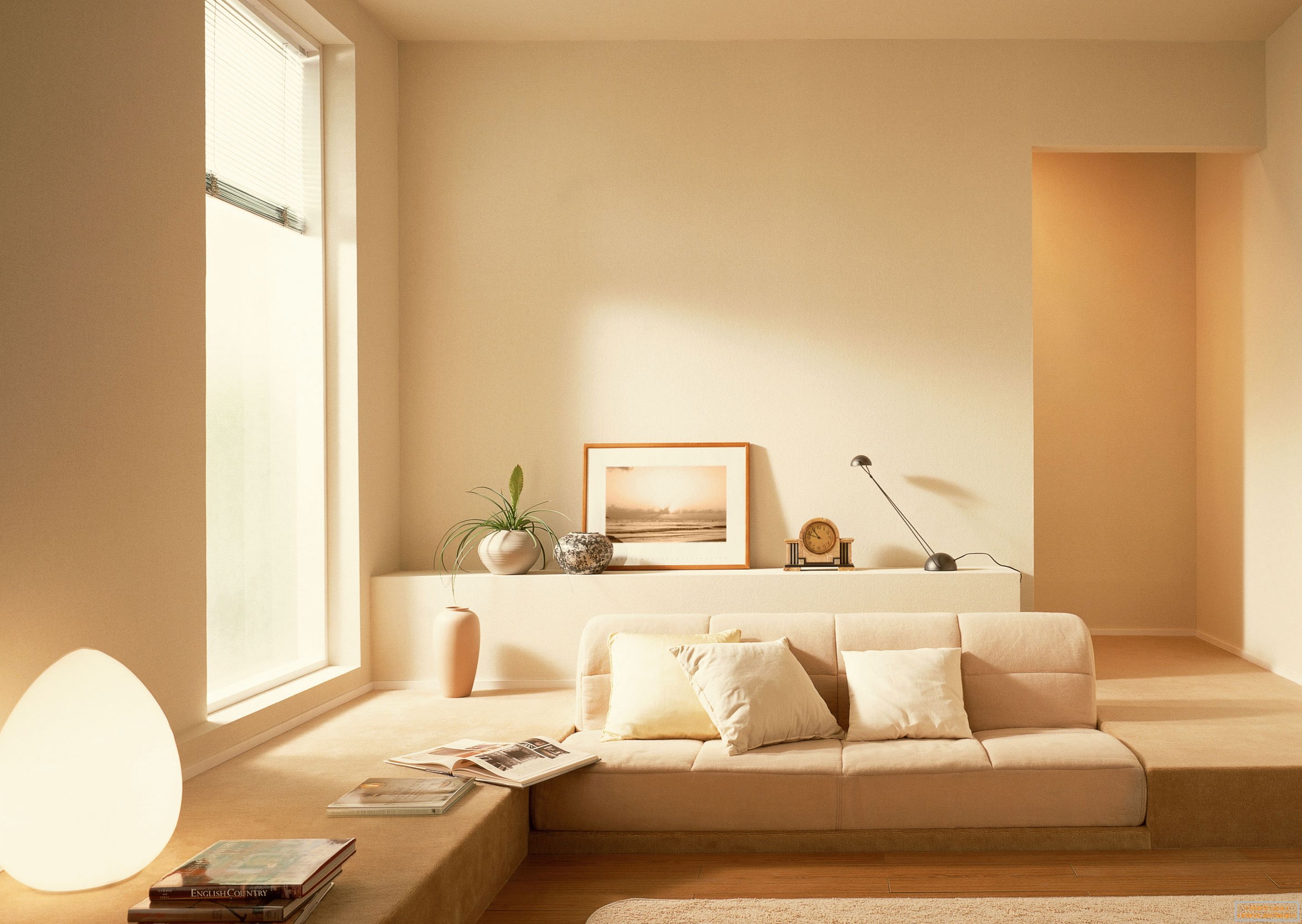 V souladu se stylem minimalismu byl pro zorganizování interiéru obývacího pokoje používán klidný béžový odstín.
