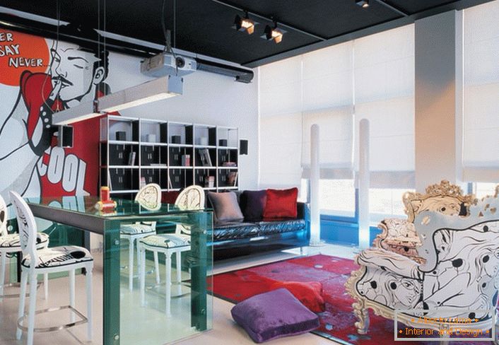 Paphos obývací pokoj ve stylu eklektičnosti pro módní excentrické dívky. 