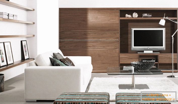 Obývací pokoj je zdoben v souladu s moderním stylem, který vítá použití dokončovacích materiálů přírodního původu.