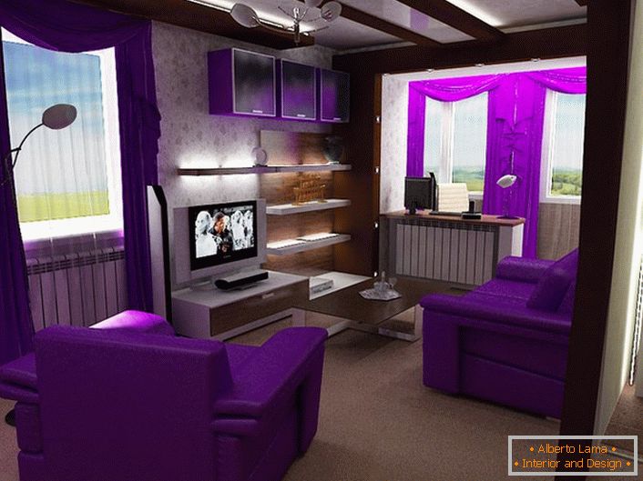 Jasné akcenty šťavnaté fialové dělají obývací pokoj v secesním stylu opravdu exkluzivní.