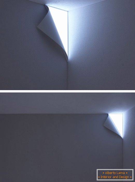 Svítidlo ve stěně ve formě přeloženého okraje papíru