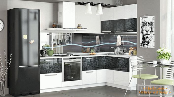 Moderní kuchyň je vyzdobena pomocí modulární kuchyňské linky. Rohová sada umožňuje ušetřit místo.