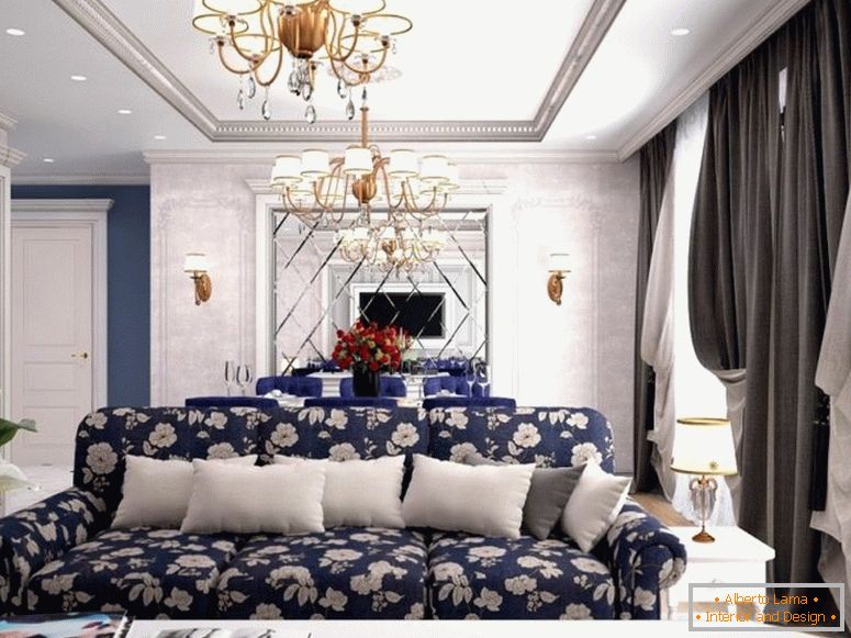 obývací pokoj v klasickém stylu se dvěma lustry a zrcadlem