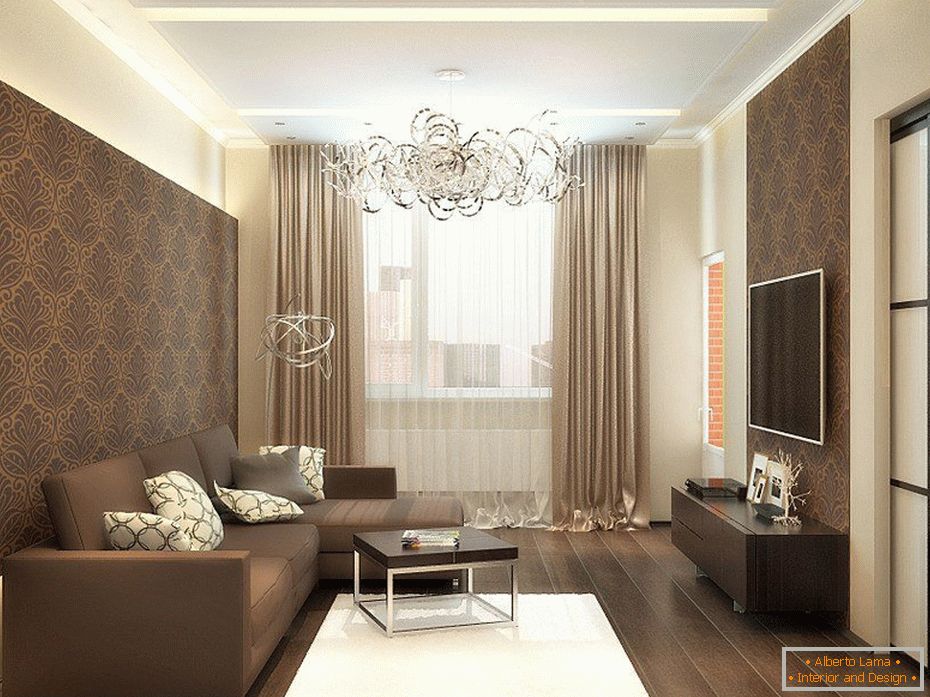 Interiér obývacího pokoje v hnědo-béžové barvě