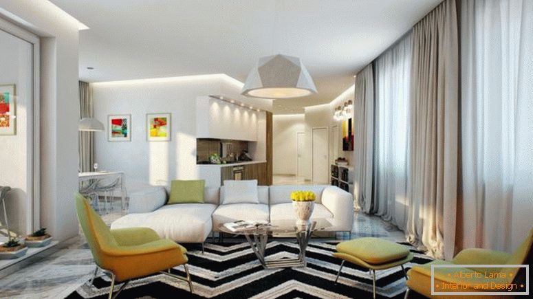 obývací pokoj s velkým černobílým kobercem a rohovou pohovkou ve středu
