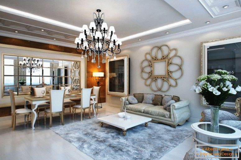 velký obývací pokoj ve stylu neoklasic s jídelním koutem