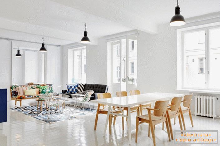 Obývací pokoj s jídelnou ve skandinávském stylu