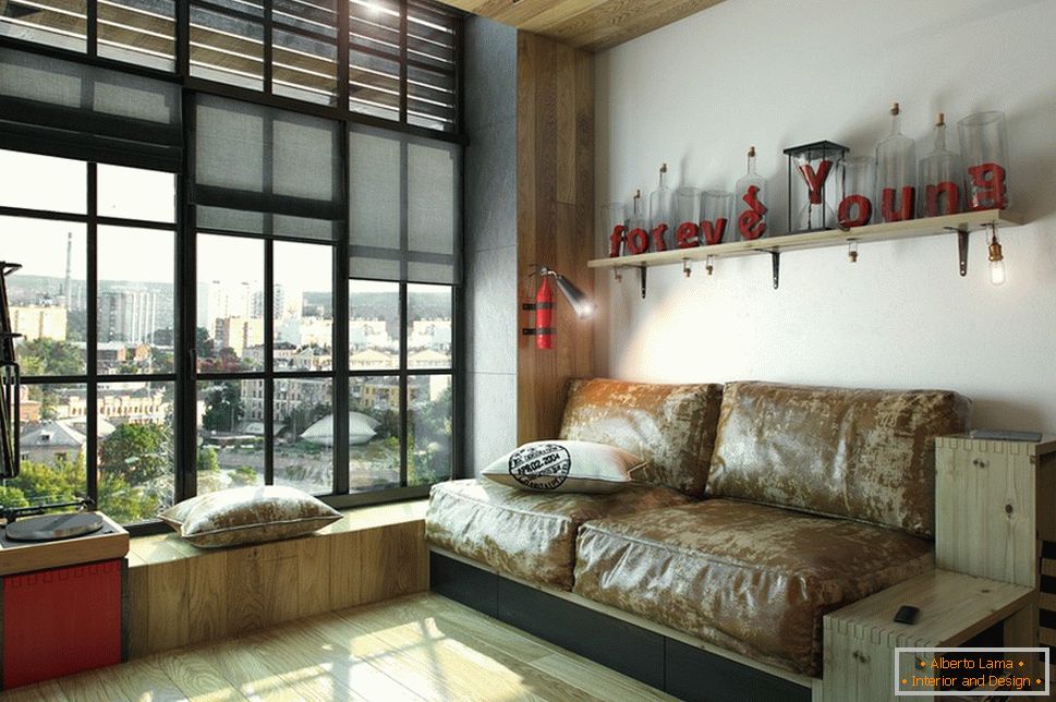 Světlý obývací pokoj s velkými okny
