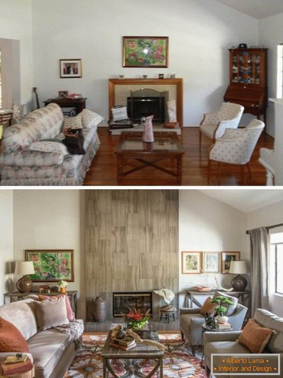 Útulný obývací pokoj s interiérovým designem krbu před a po něm