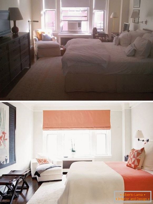 Nový design světlé ložnice před a po fotografiích
