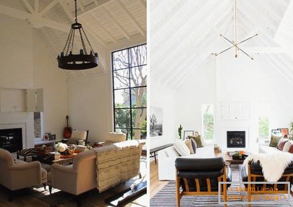 Nový design interiéru soukromého domu: obývací pokoj před a po
