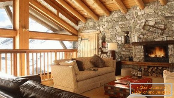 Design dřevěné chaty s kamennou zdí dekorace uvnitř