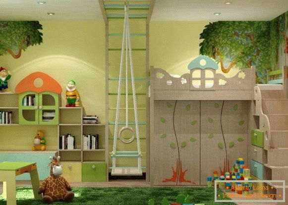 interiér s přírodním tématem dětského pokoje pro dívku ve věku 3 let