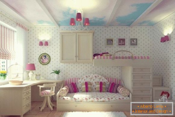 interiér s bílou tapetou pro dětský pokoj pro dívky