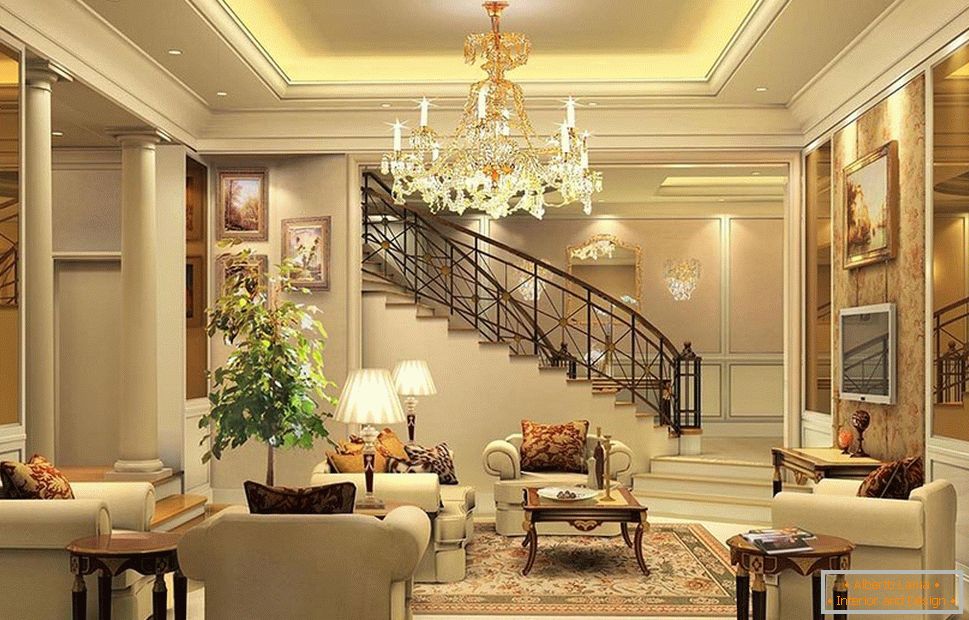 Obývací pokoj v klasickém stylu se schodištěm