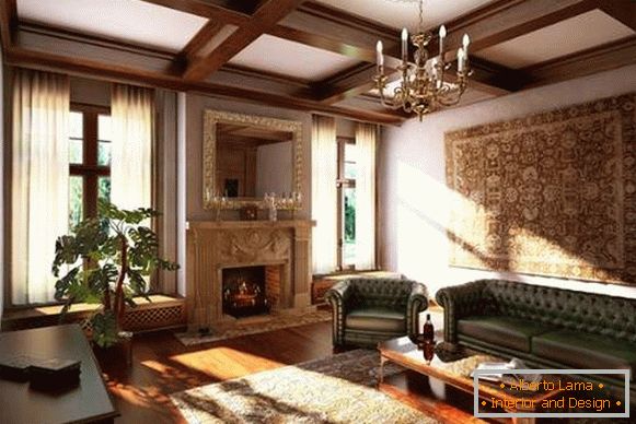 Interiér obývacího pokoje s krbem v soukromém domě - klasický styl