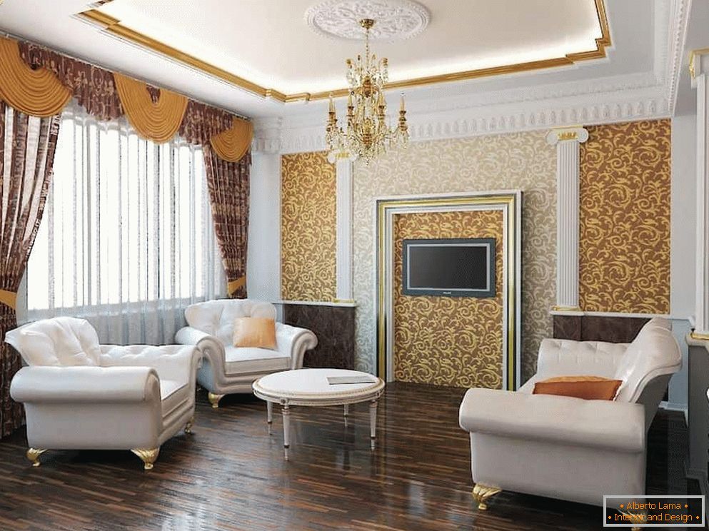 Záclony v designu obývacího pokoje v klasickém stylu