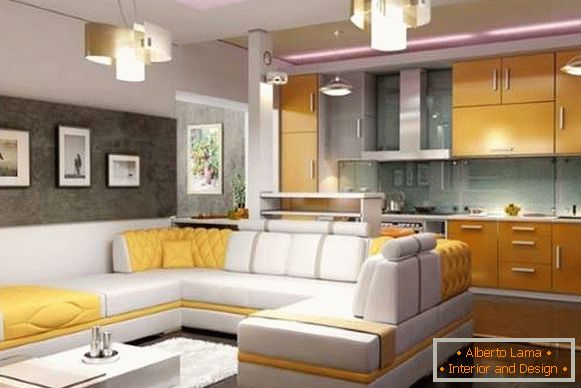 Interiér kuchyně v obývacím pokoji v soukromém domě - fotka v moderním stylu