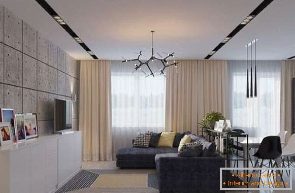 Interiérový design kuchyně v kombinaci s obývacím pokojem v půdním stylu 2017