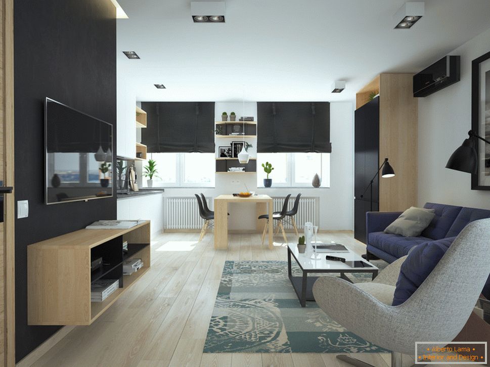 Interiér malého bytu v kontrastních barvách - гостиная и столовая