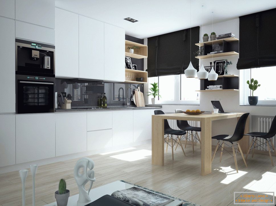 Interiér malého bytu v kontrastních barvách - кухня и столовая