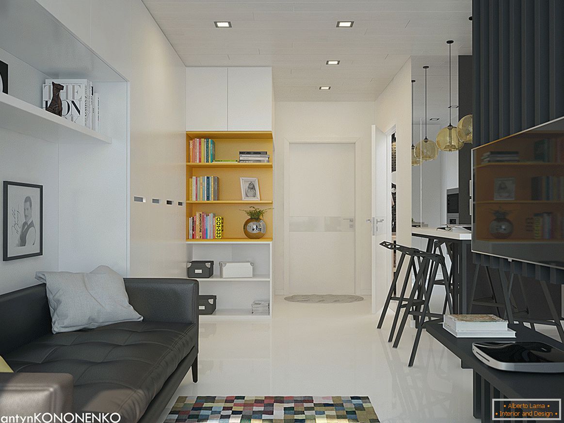 Interiér malého bytu v kontrastních barvách - гостиная