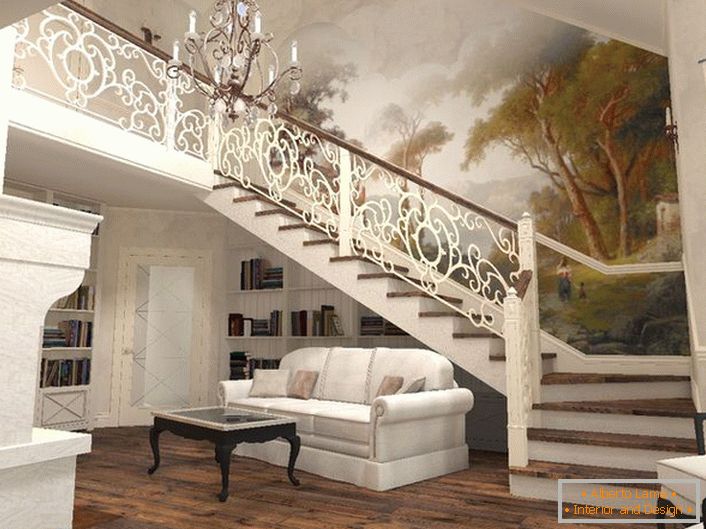 Úžasná harmonie elegantního schodiště a interiéru domu ve středomořském stylu.