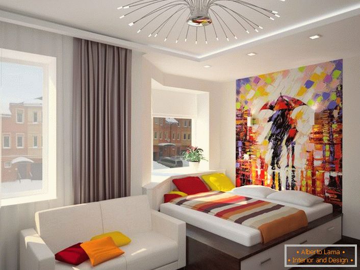 Kreativní design ložnice v secesním stylu. Použití jasných šťavnatých barev dělá místnost opravdu příjemná a teplá.