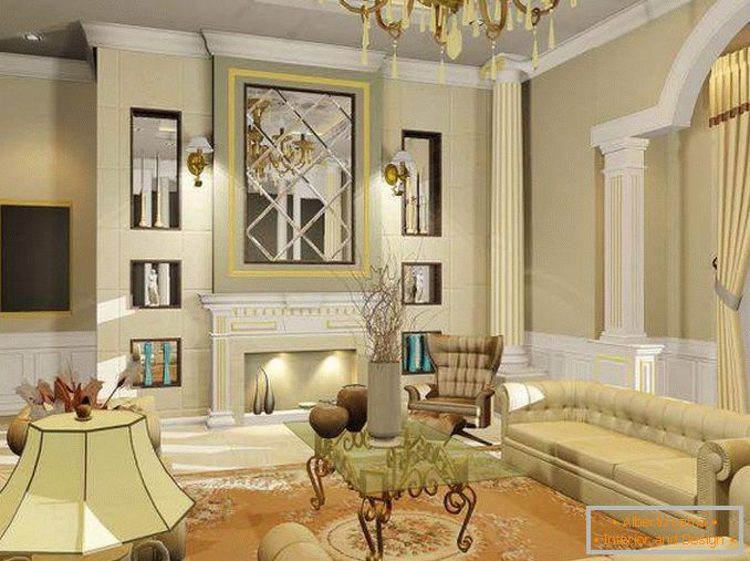 Návrh interiéru obývacího pokoje v soukromém domě v klasickém stylu