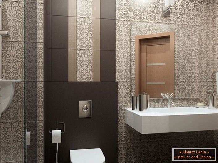 Pro výzdobu koupelny designér zvedl keramickou dlažbu ve stylu art deco. Komplikovaný vzor podlouhlého tvaru činí stropy vizuálně vyšší.
