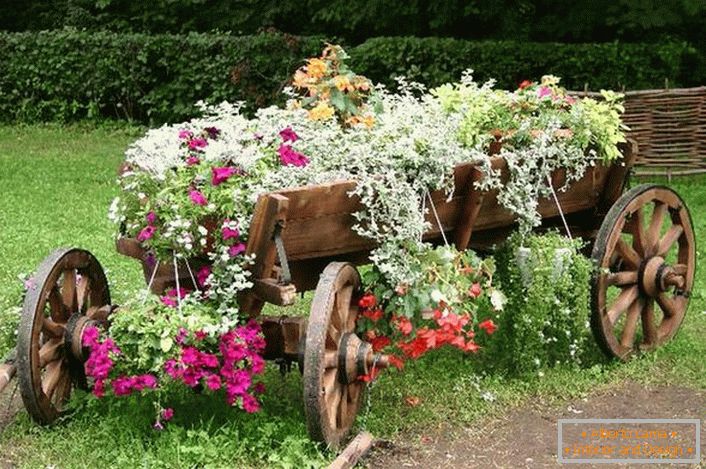 Jako nádobu na vytvoření květináče byl použit starý, obnovený vozík. Zajímavé řešení pro výzdobu venkovského dvora. 