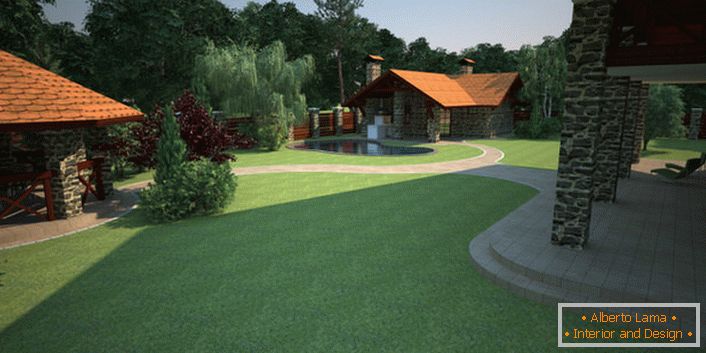 Konstrukce nádvoří venkovského domu je provedena s přihlédnutím k přistání anglického trávníku. 