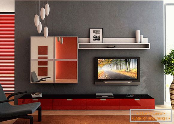 Malý obývací pokoj v šedo-červených tónech