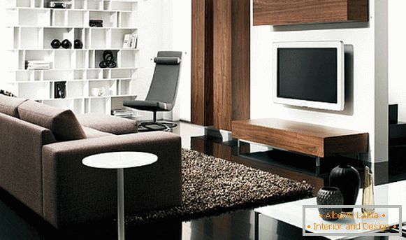 Interiér obývacího pokoje v černé a bílé barvě