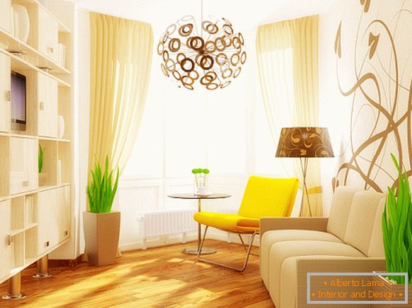 Světlý obývací pokoj ve žlutých tónech