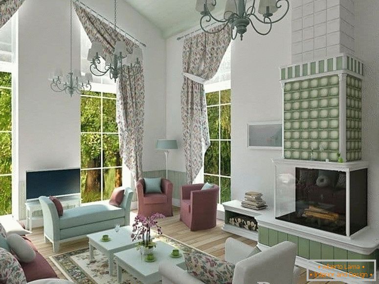 Obývací pokoj s krbem a panoramatickými okny ve venkovském domě