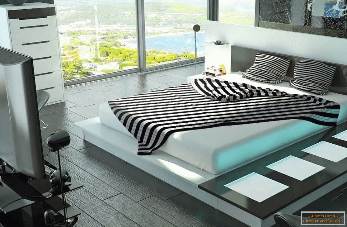 Ložnice s velkou postelí s high-tech osvětlením