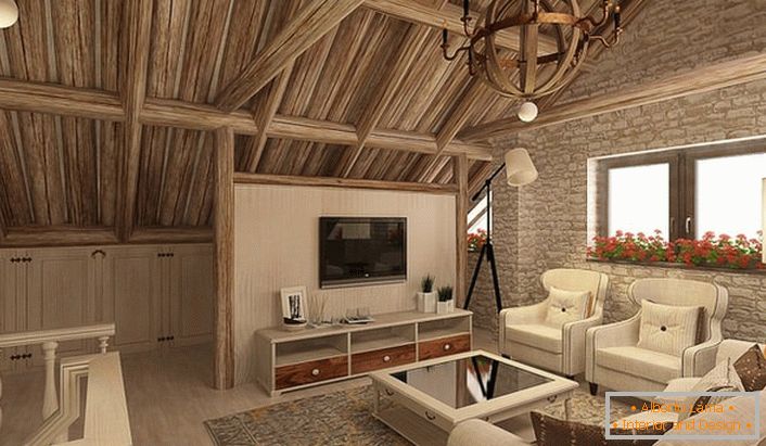 Pokoj pro hosty v podkroví skandinávského domu. Podkroví pod jasným vedením designéra se stalo plnohodnotným, funkčním a atraktivním obývacím pokojem.