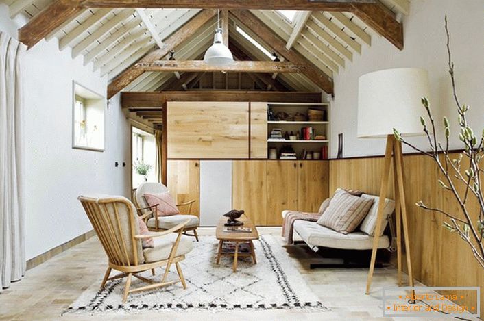 Přítomnost skandinávského stylu svědčí o použití převážně přírodních materiálů pro návrh interiéru. Dřevěný nábytek, přírodní potahové látky, malá kobercová kolej tvoří společný obraz interiéru ve skandinávském stylu.