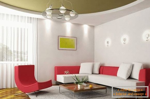 Zelený úsek stropu v designu obývacího pokoje v moderním stylu