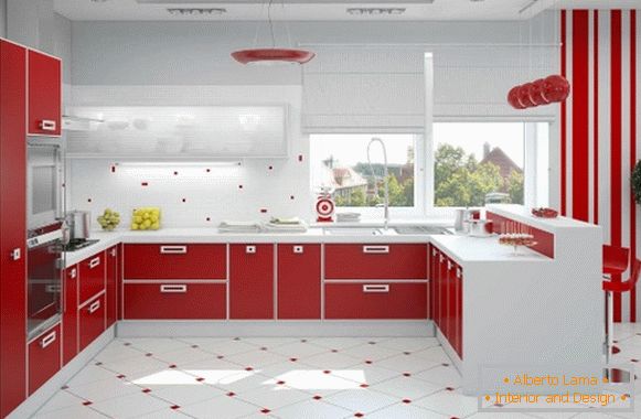 Návrh červené bílé kuchyně fotografie 12