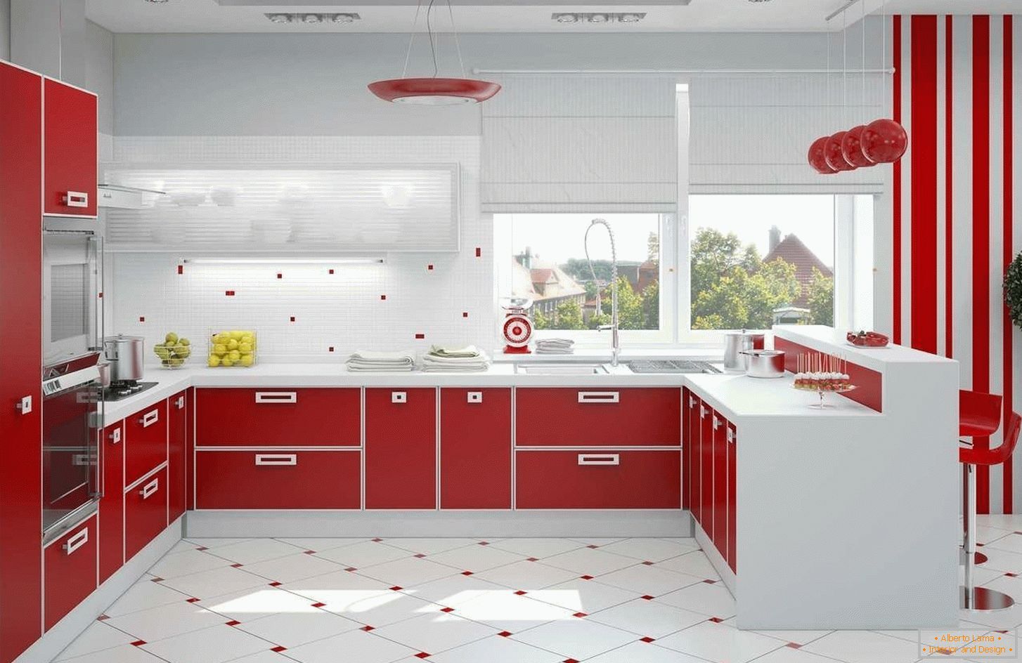 Červený a bílý interiér kuchyně