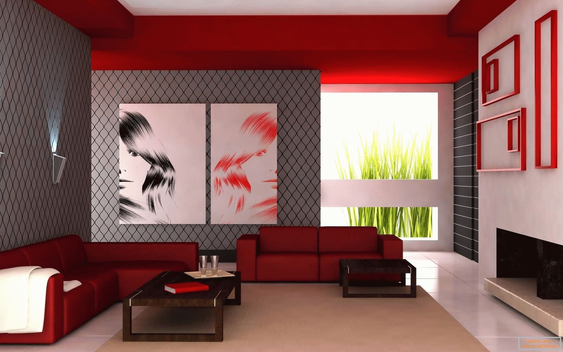 Kombinace bílé, červené a šedé barvy v obývacím pokoji